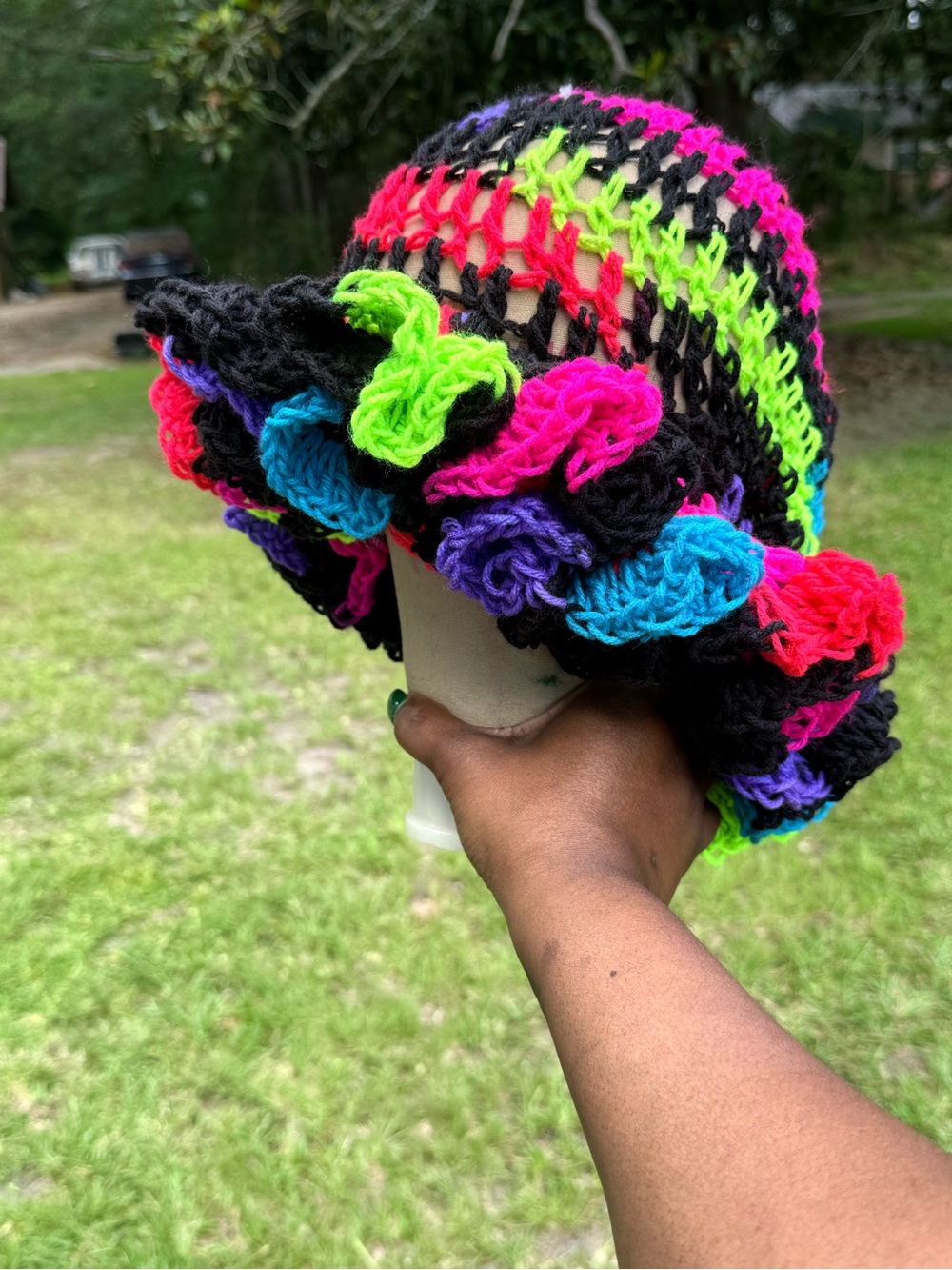 Crochet Ruffle Bucket Hat - Neon Multicolor - Picture 3 of 3
